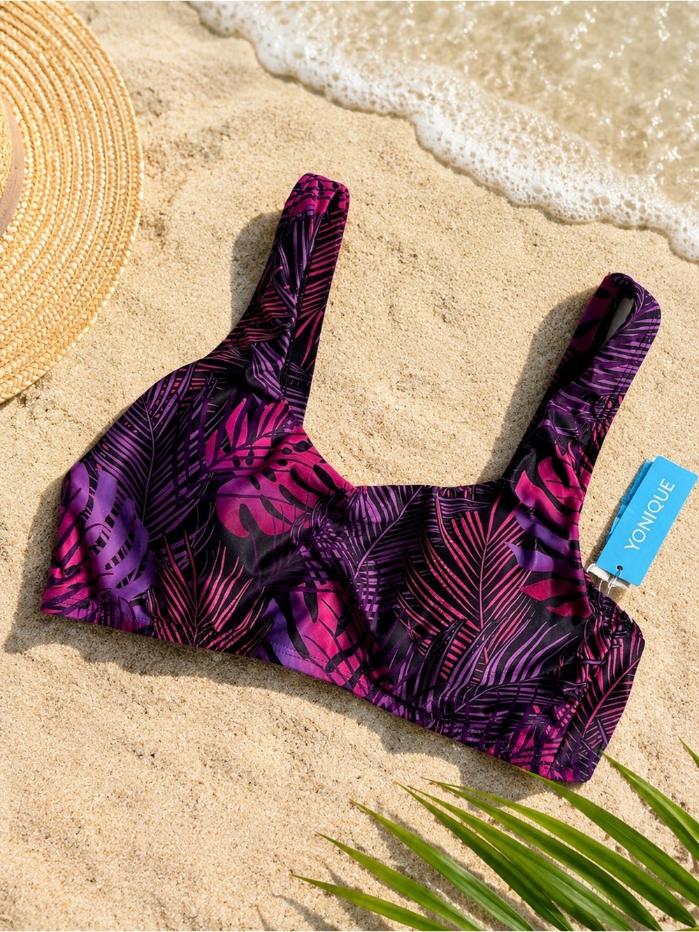 NWT YONIQUE Pink Purple Tropical Wired Bikini Top S